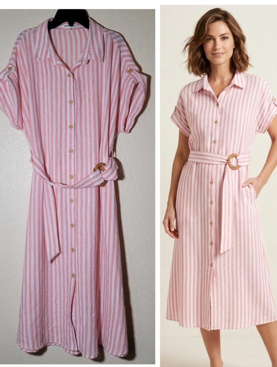 kathy ireland Dresses & Skirts - Kathy Ireland | Striped Belted Midi Shirt Dress Coastal Preppy Modest Classic L